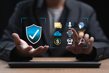 AI technologies and cybersecurity concept, Businessman be aware of safety system of Artificial Intelligence, Rules and regulations for the use of technology, Data, Financial, Security, Learning