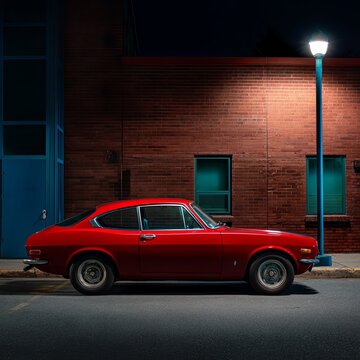 Fototapeta A vintage red car parked under a street lamp at night, showcasing its classic design against a brick wall backdrop.