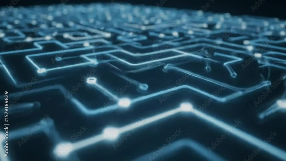 Poster futuristic circuit board animation with glowing blue lines and data flow