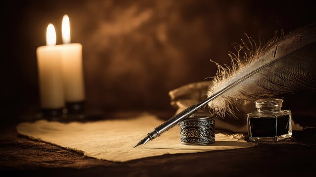 Vintage desk setup with a feather quill and inkwell on aged parchment.