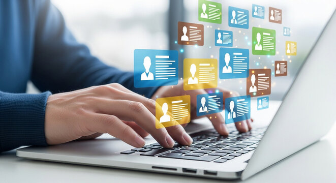 Hands typing on a laptop with social media profiles floating above, representing online networking and communication - Powered by Adobe