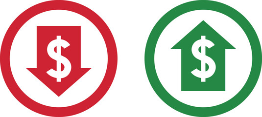 Money increase and decrease icons. Low or high total cost icon. Price, sale, rate or profit going up or down symbol with arrow and dollar sign. Vector illustration.
