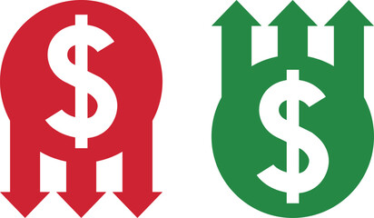 Money increase and decrease icons. Low or high total cost icon. Price, sale, rate or profit going up or down symbol with arrow and dollar sign. Vector illustration.