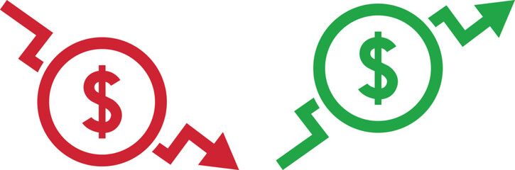 Obraz premium Money increase and decrease icons. Low or high total cost icon. Price, sale, rate or profit going up or down symbol with arrow and dollar sign. Vector illustration.