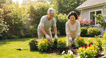 Happy elderly Asian couple tending their vibrant garden, planting flowers together on a sunny day.