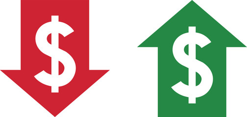 Money increase and decrease icons. Low or high total cost icon. Price, sale, rate or profit going up or down symbol with arrow and dollar sign. Vector illustration.