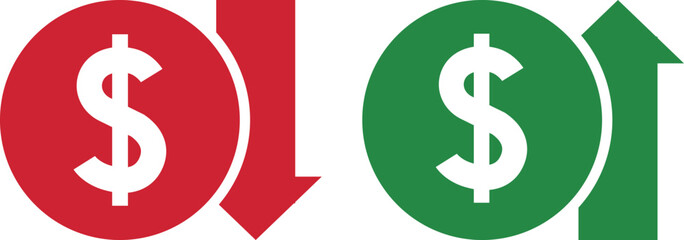 Money increase and decrease icons. Low or high total cost icon. Price, sale, rate or profit going up or down symbol with arrow and dollar sign. Vector illustration.