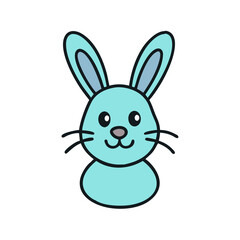 Cute light blue bunny with large ears and a sweet smile on white