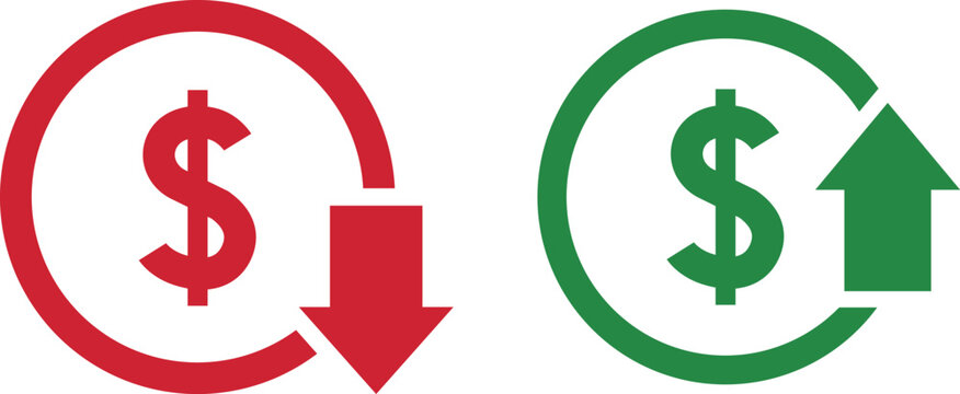 Money increase and decrease icons. Low or high total cost icon. Price, sale, rate or profit going up or down symbol with arrow and dollar sign. Vector illustration.