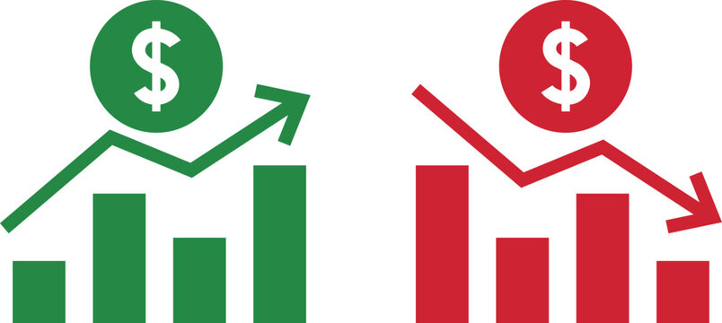Money increase and decrease icons. Low or high total cost icon. Price, sale, rate or profit going up or down symbol with arrow and dollar sign. Vector illustration.