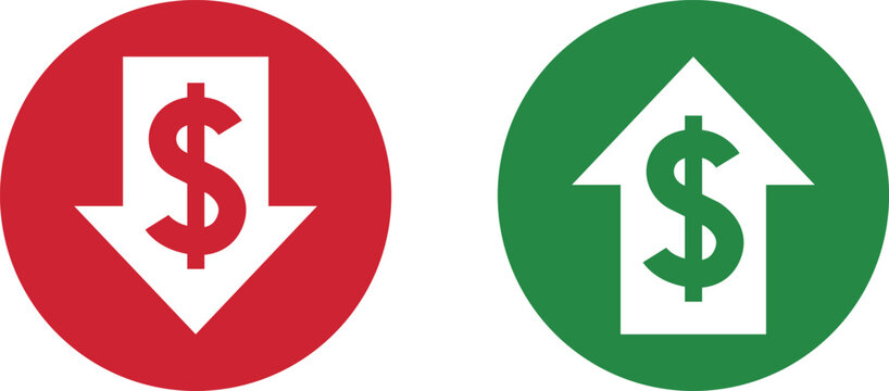 Money increase and decrease icons. Low or high total cost icon. Price, sale, rate or profit going up or down symbol with arrow and dollar sign. Vector illustration.
