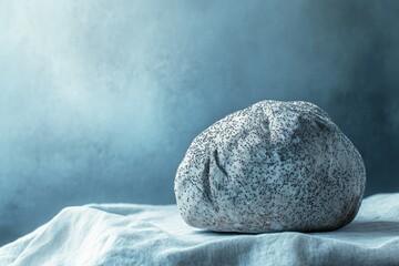 A single round loaf of bread, speckled with poppy seeds, rests on a light blue fabric.
