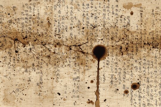 Ancient bone script glyphs blended binary code storm tea stained handmade paper ink droplet interaction texture, ideal for cultural heritage book covers and digital archive layouts.
