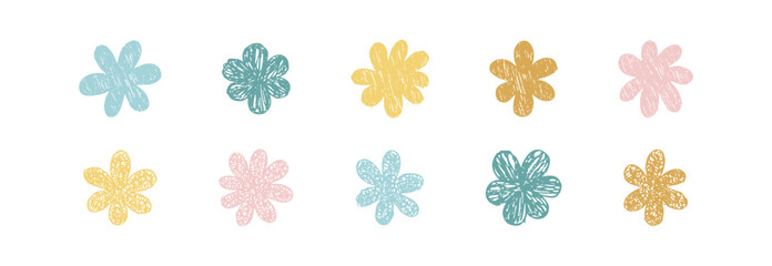 Hand-drawn pastel flowers in doodle style, for clipart, craft projects, and decorative use. Vector floral illustration features cute soft-color blossoms with a charming vintage aesthetic.