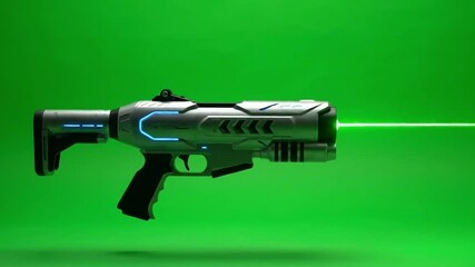 Futuristic laser gun firing green beam on green screen for video game animation - Powered by Adobe