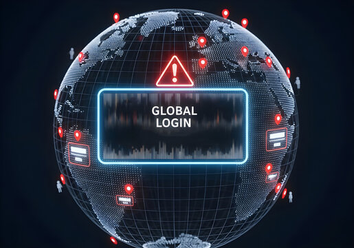 lobal Login Security Threat: A Digital Earth with Warning Signs and Red Markers, Highlighting Worldwide Cyber Attacks or Data Breaches.