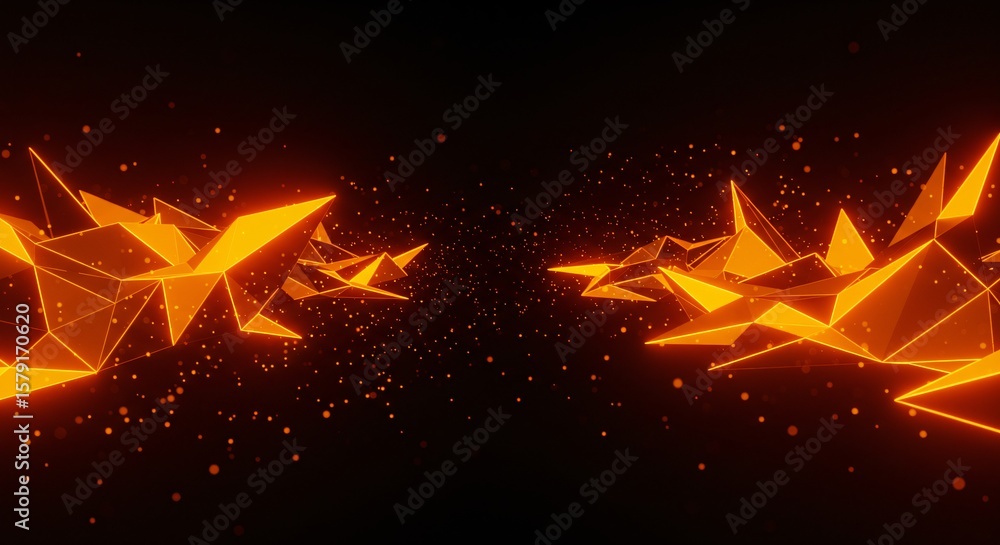 Poster abstract orange polygonal shapes with glowing edges on a dark background with particles