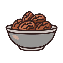 A bowl full of dates is pictured in a cartoon illustration