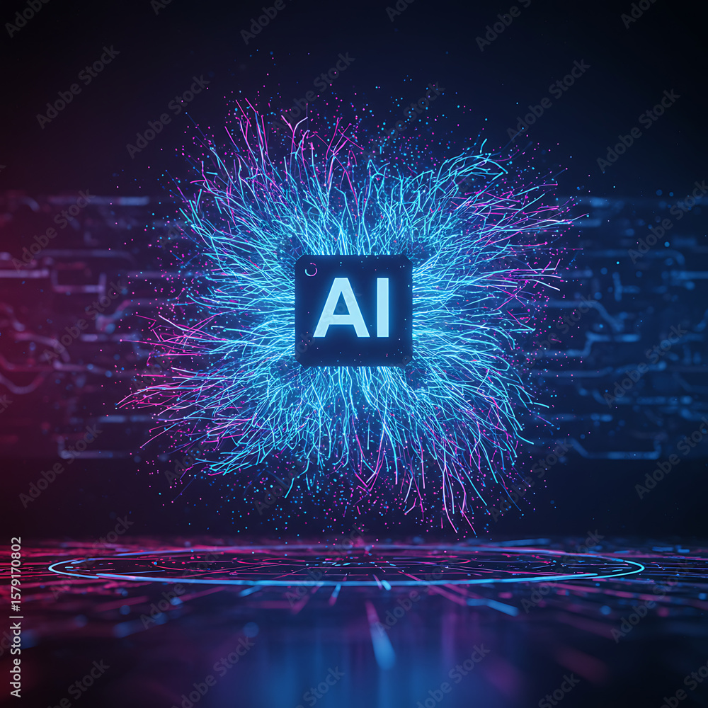 Poster an abstract representation of an ai (artificial intelligence) chip with vibrant, flowing energy part