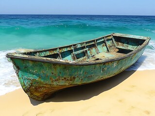 Obraz premium An old weathered boat sitting along the sandy ocean shoreline