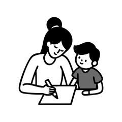 Woman drawing with child looking on, black and white illustration art