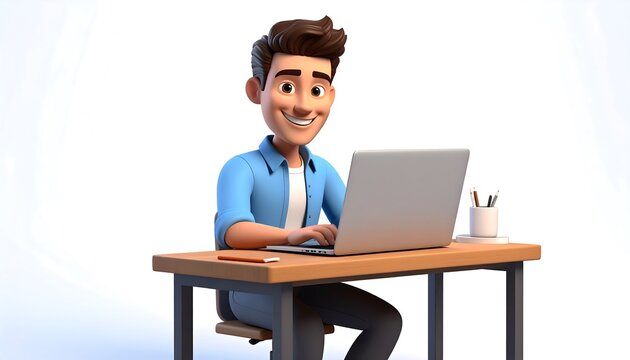 Cartoon man working on laptop