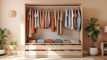 A modern, minimalist wardrobe closet with a light wood finish and clean lines.