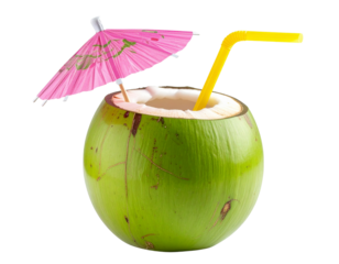 Fresh Coconut Drink with Pink Umbrella and Yellow Straw – Front View PNG Isolated