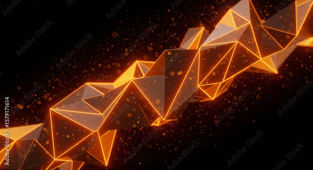 Poster abstract geometric structure with orange glowing edges on a dark background with particles