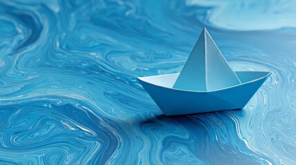 Obraz premium A serene blue background featuring a delicate paper boat, symbolizing calm and creativity.