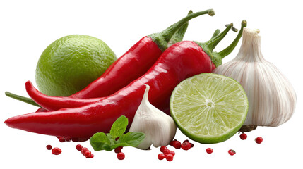 Chili peppers with garlic and lime, isolated on white background