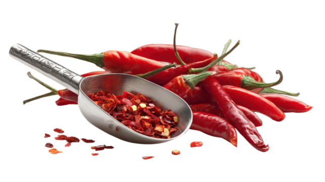 Chili with measuring spoon, isolated on white background