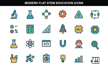 Modern Flat STEM Education Icons for Science and E-Learning Projects