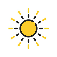 Stylized yellow and black sun icon radiating light on white background