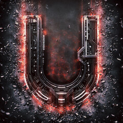 Letter U. High-tech burning alphabet in cyberpunk style. Perfect for any futuristic design.