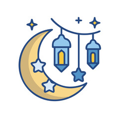 Elegant Ramadan Kareem illustration featuring a crescent moon, stars and lanterns