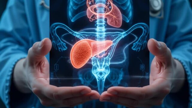 Blue Coat Doctor's Hands Close Up, Liver, Uterus, X-Ray, Hologram, Medical Treatment, Female Anatomy, Reproductive System. 4k video