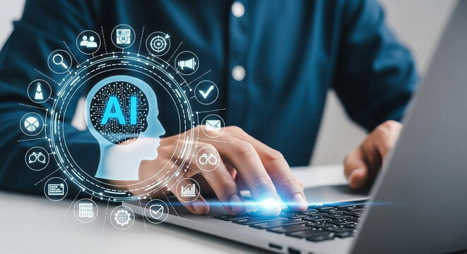 A person is typing on a laptop with an ai interface, showcasing the integration of artificial intelligence in modern technology