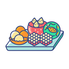 Vector drawing of a plate of assorted exotic fruits and desserts