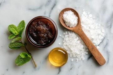 Overhead shot of a dark brown sugar scrub, coarse sea salt in a wooden spoon, honey, and fresh mint leaves on a marble surface