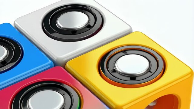 Four colorful cube shaped audio speakers stacked together on a white background show casing product design and studio setup.