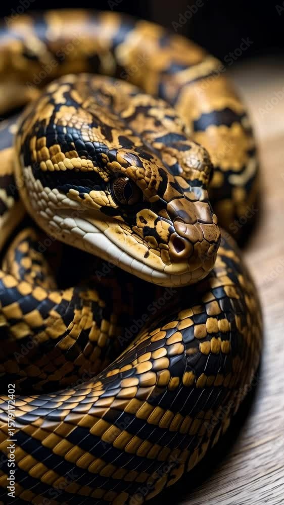Poster close-up of a yellow and black patterned snake coiled up with visible scales, eye, and nostril, crea