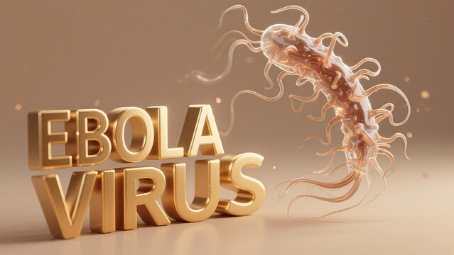 The Ebola virus model next to the golden three-dimensional characters, the deadly warning of the virulent virus, infectious disease prevention and control training, and global health emergency 