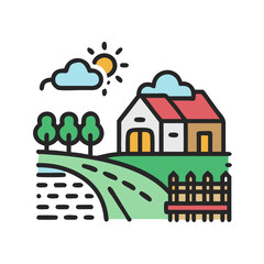 Obraz premium Stylized Rural Landscape with Farmhouse, Trees, Cloud, and Fence on a Hill