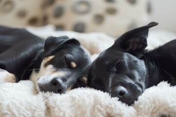 Two dogs are sleeping together on a cozy blanket, enjoying a peaceful moment of rest