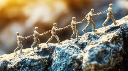 Miniature figures representing teamwork and determination climb rocky terrain while pulling each other along a chain symbolizing support and collaboration in challenging situations