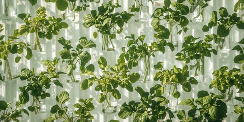 A vertical garden with plants growing in glass tubes attached to a white wall in bright sunlight