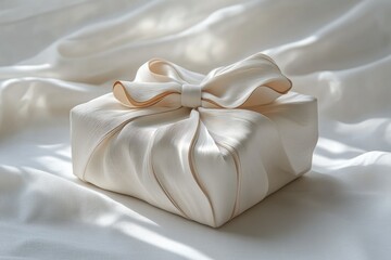 Elegantly wrapped gift box in creamy white silk fabric with a delicate bow.