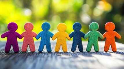 Colorful wooden figures holding hands in a supportive arrangement on a wooden surface with blurred green background creating a cheerful atmosphere