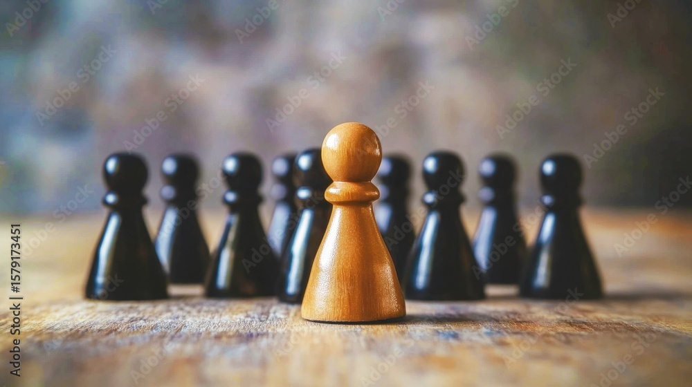 Poster abstract representation of leadership and team dynamics with wooden chess pawns on a rustic table su